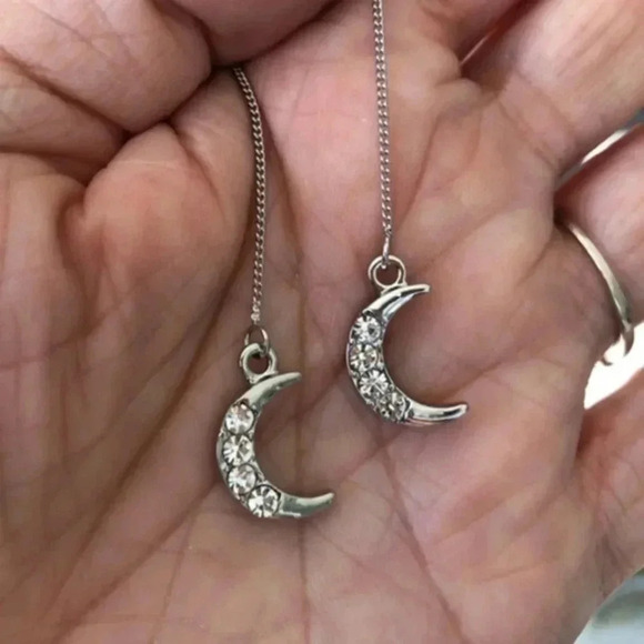 3 for $25/ Crescent Moon Silver Tone Pearl Threader Earrings NWT - Picture 1 of 4
